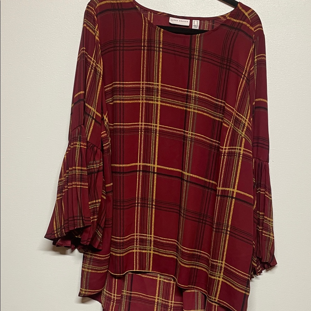 Susan Graver Burgundy Plaid Pleated‎ sleeves chiffon  blouse Size 18W